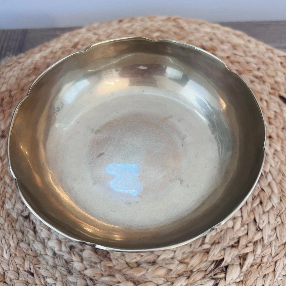 Solid Brass Pedestal Bowl Compote – Wide Shallow Dish on Turned Base 5 3/8